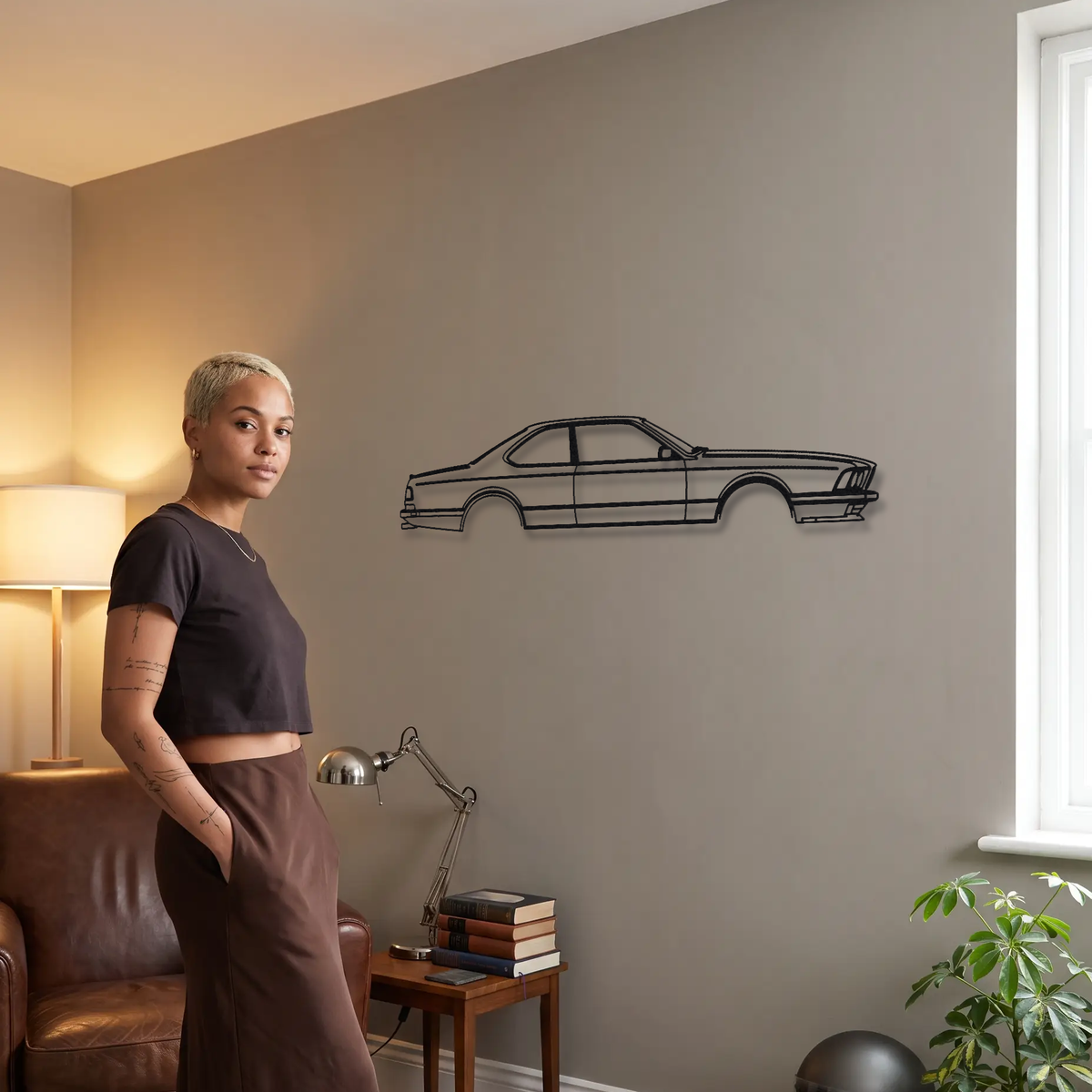 BMW M635CSi / M6 E24 metal wall art shown to scale beside a person