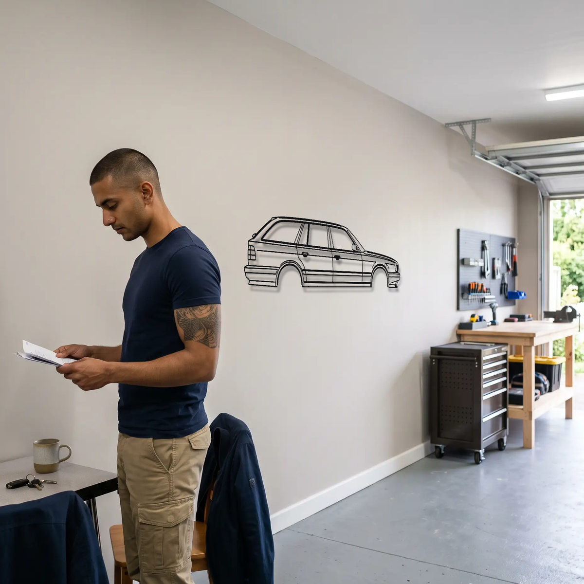 BMW M5 Touring E34 metal wall art shown to scale beside a person