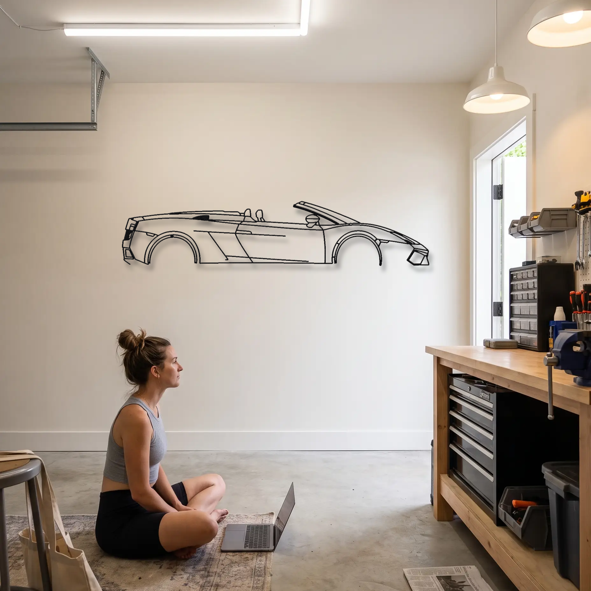 Lamborghini Gallardo LP570-4 Spyder Performante metal wall art shown to scale beside a person