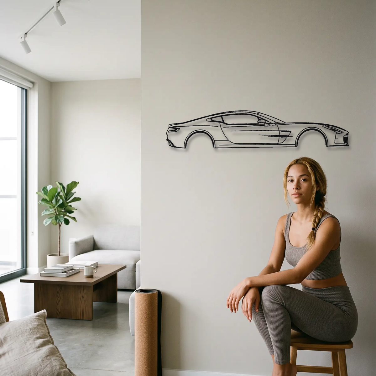 Aston Martin One-77 metal wall art shown to scale beside a person