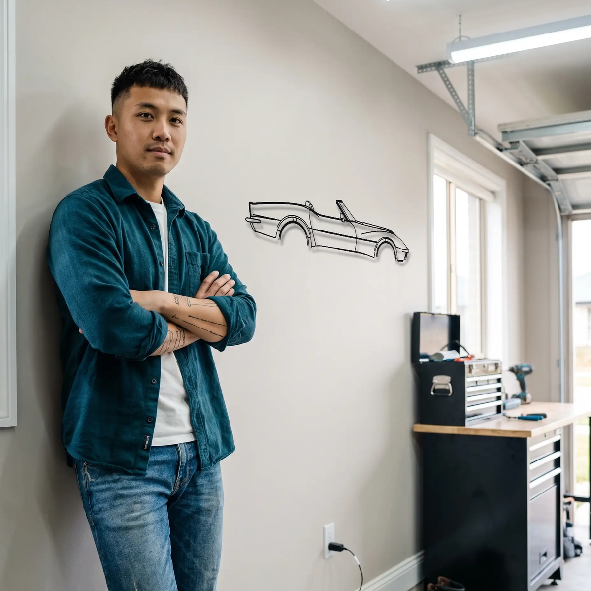 Chevrolet Corvette Convertible C3 metal wall art shown to scale beside a person