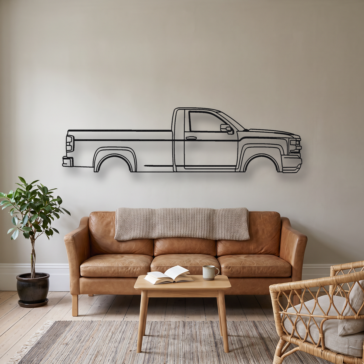 Chevrolet Silverado K2XX metal wall art silhouette, front view on wall