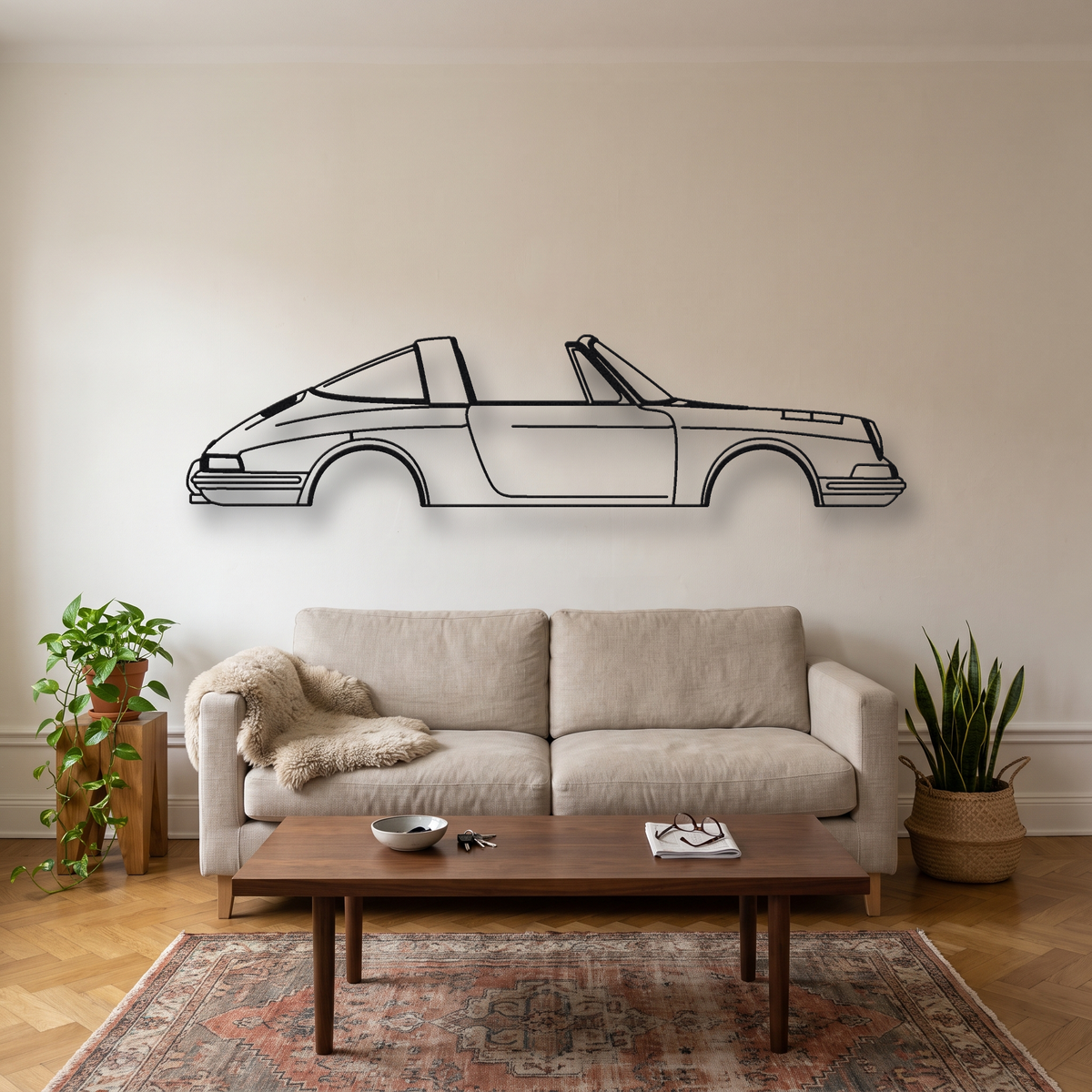 1967-1969 Porsche 911 Targa metal wall art silhouette, front view on wall