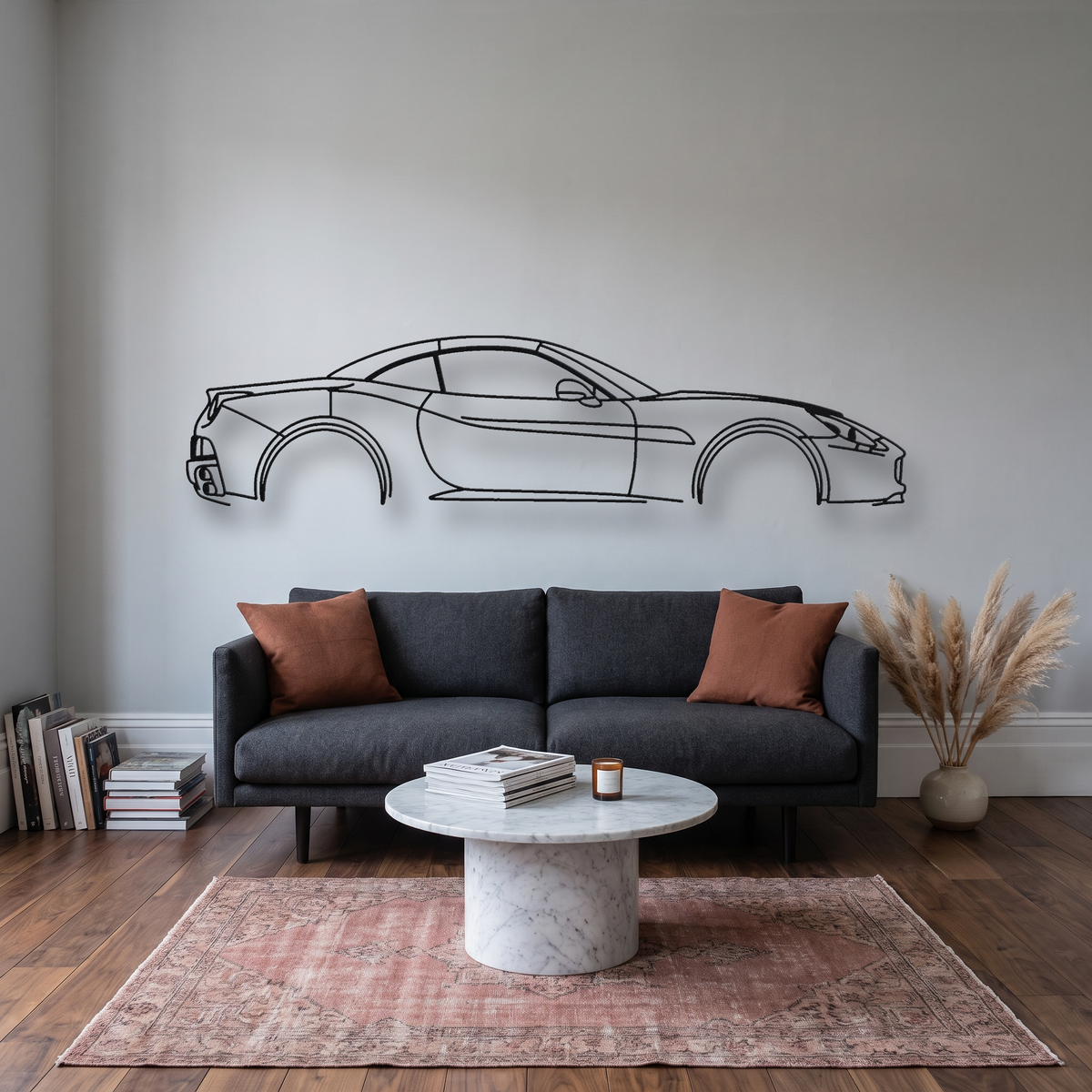 Ferrari California metal wall art silhouette, front view on wall