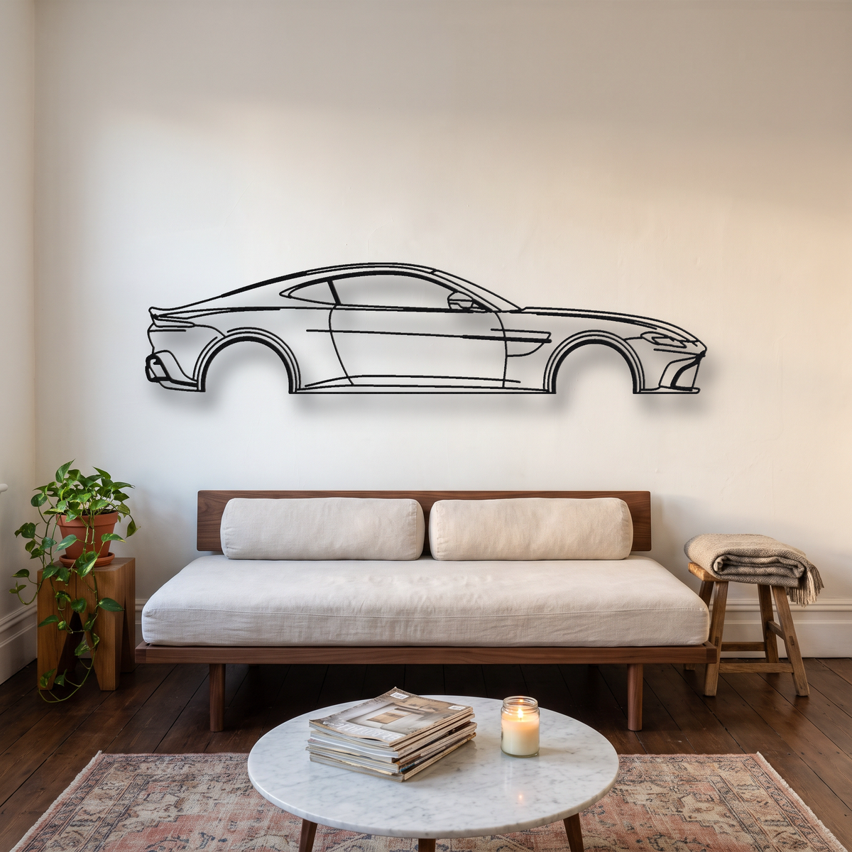 Aston Martin Vantage Facelift metal wall art silhouette, front view on wall