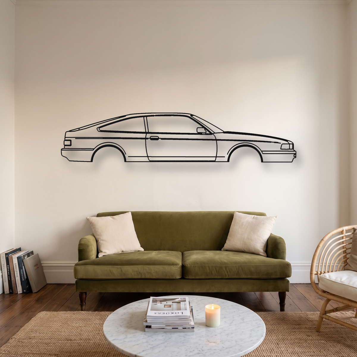 Honda Integra Gen 1 metal wall art silhouette, front view on wall