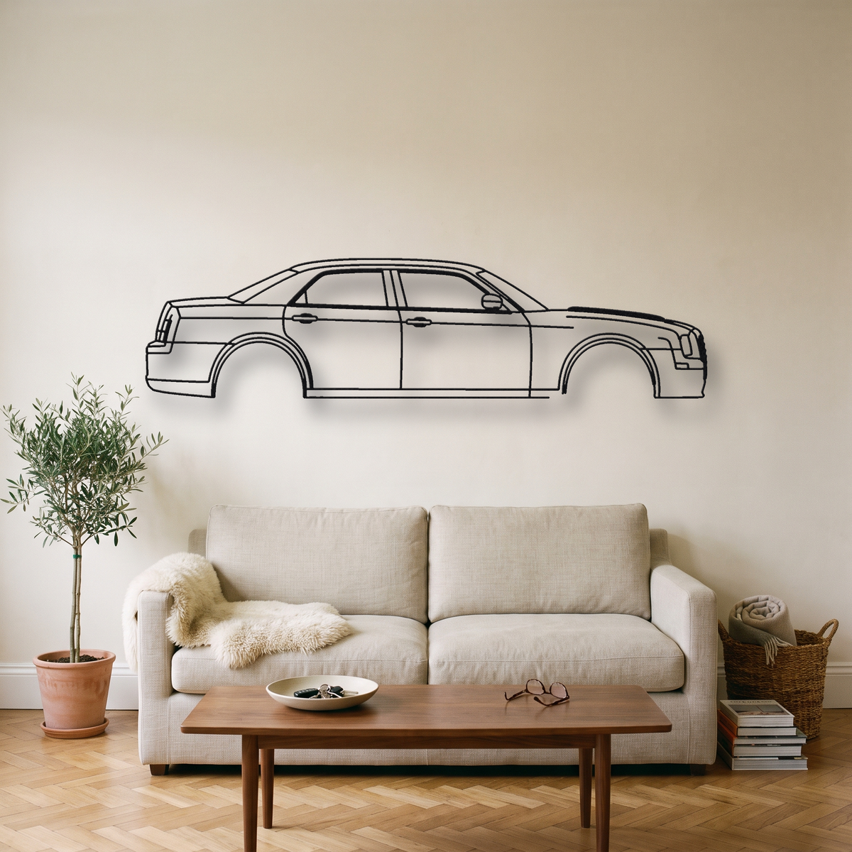 Chrysler 300C SRT8 LX metal wall art silhouette, front view on wall