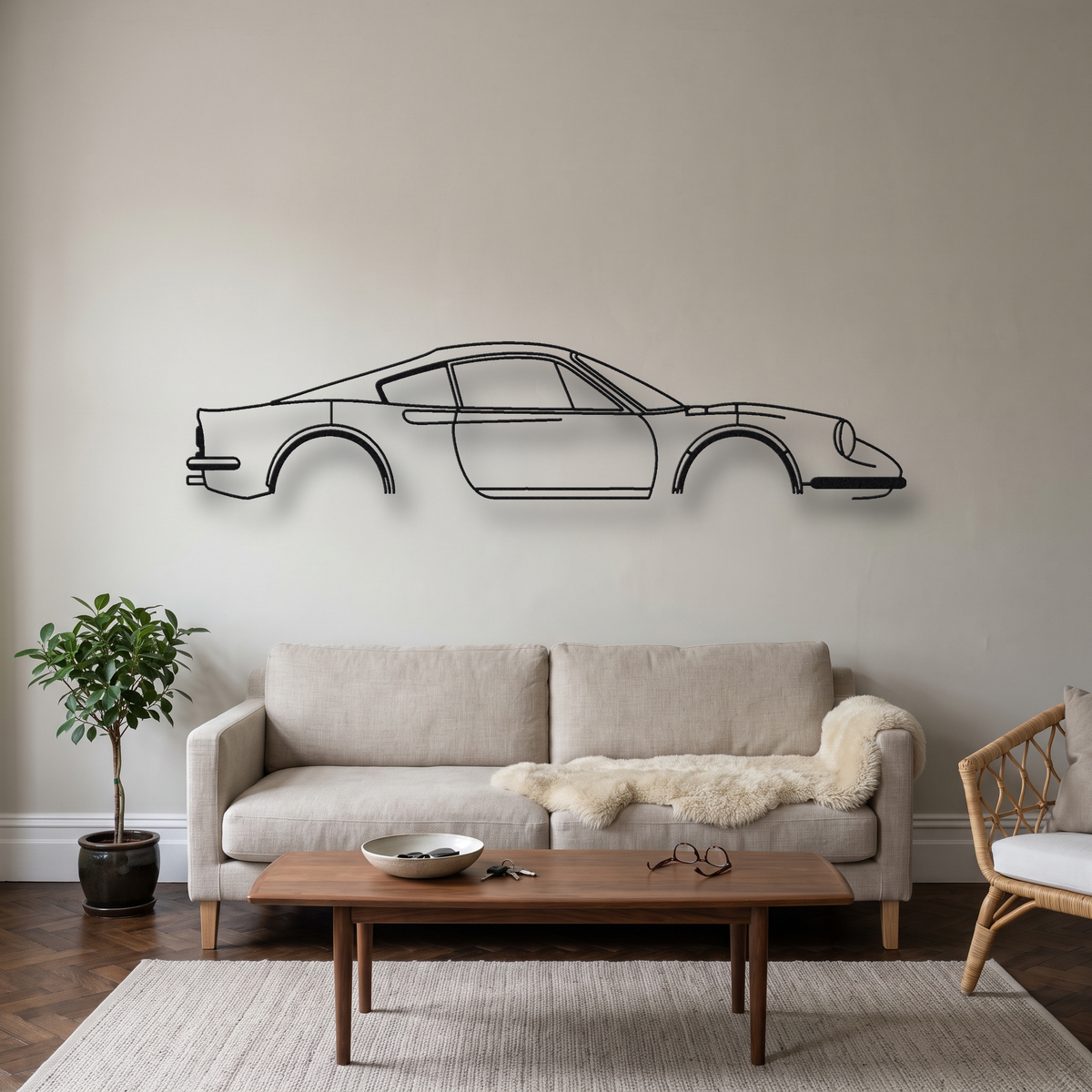 Ferrari Dino 246 GT metal wall art silhouette, front view on wall