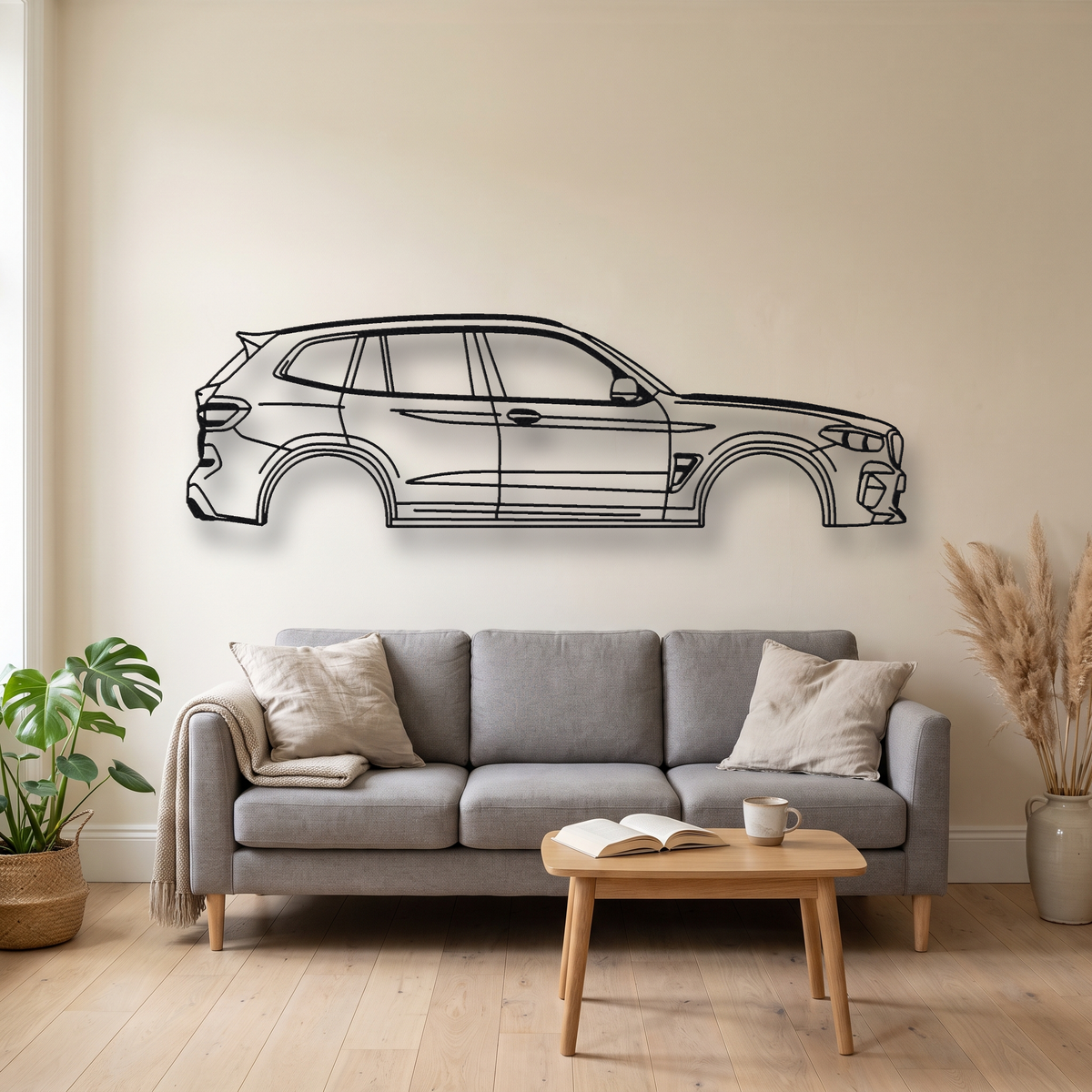 BMW X3M F97 metal wall art silhouette, front view on wall