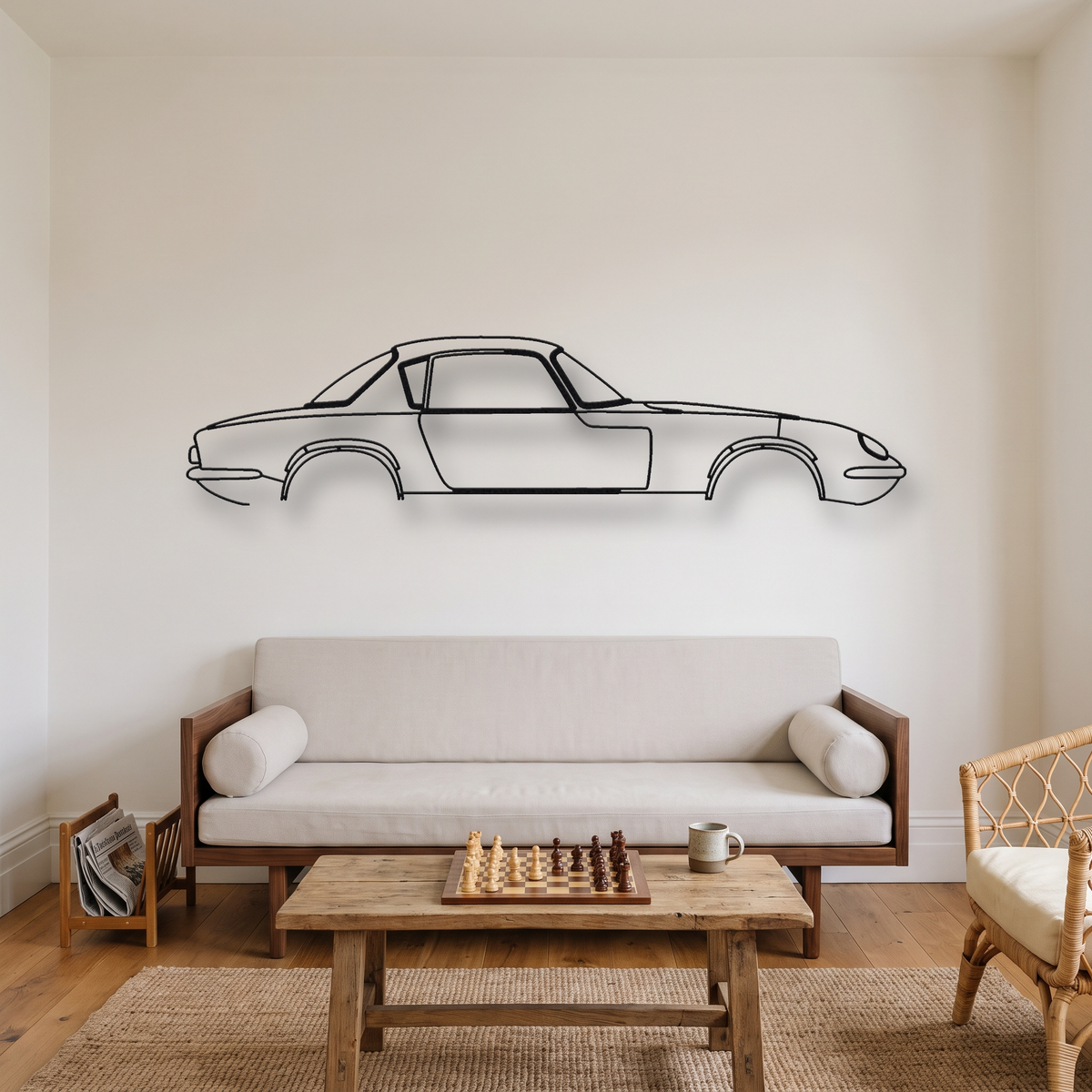 1962-1971 Lotus Elan metal wall art silhouette, front view on wall