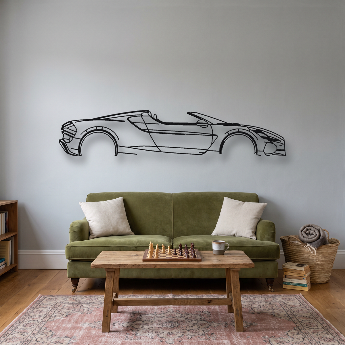 Bugatti W16 Mistral metal wall art silhouette, front view on wall