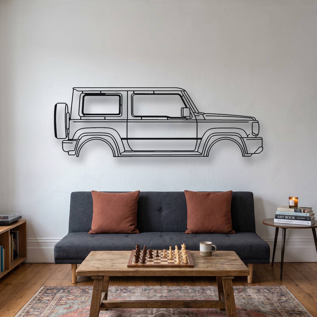 Suzuki Jimny JB74 Gen 4 metal wall art silhouette, front view on wall