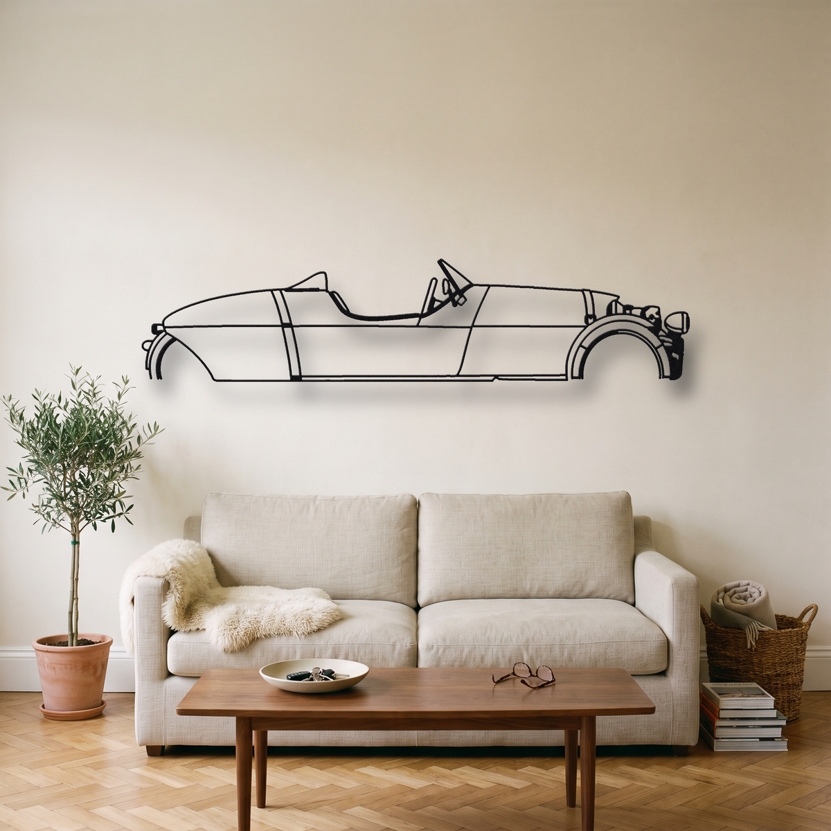 Morgan Super 3 metal wall art silhouette, front view on wall