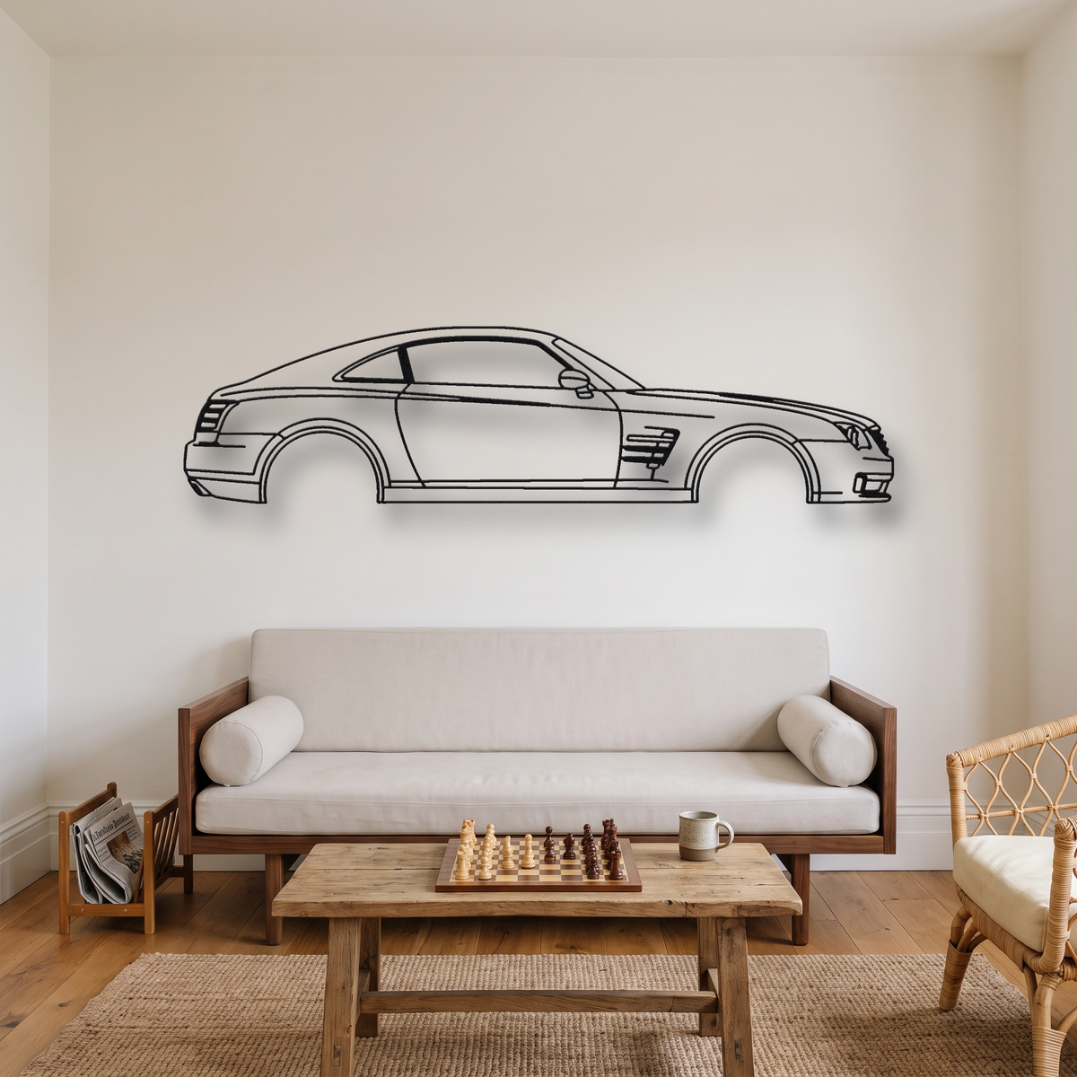Chrysler Crossfire SRT-6 metal wall art silhouette, front view on wall