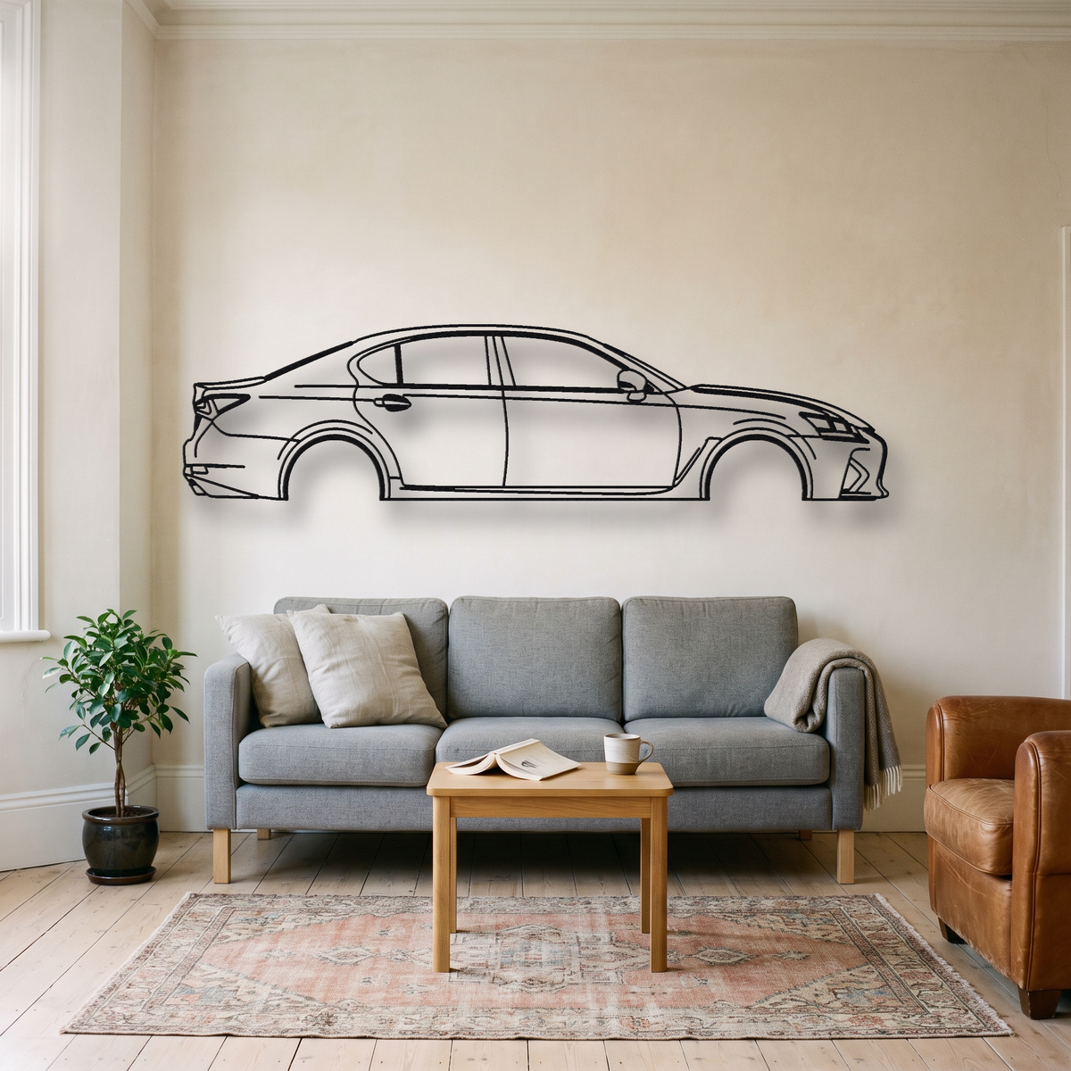Lexus GS F metal wall art silhouette, front view on wall