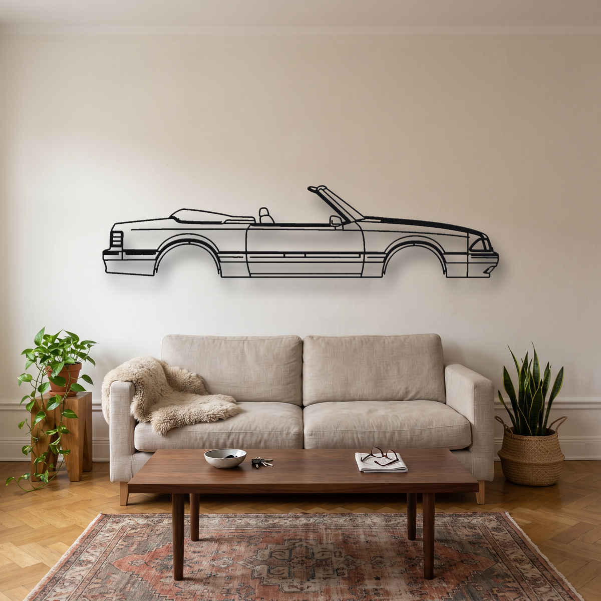 Ford Mustang GT (Fox body) Convertible metal wall art silhouette, front view on wall