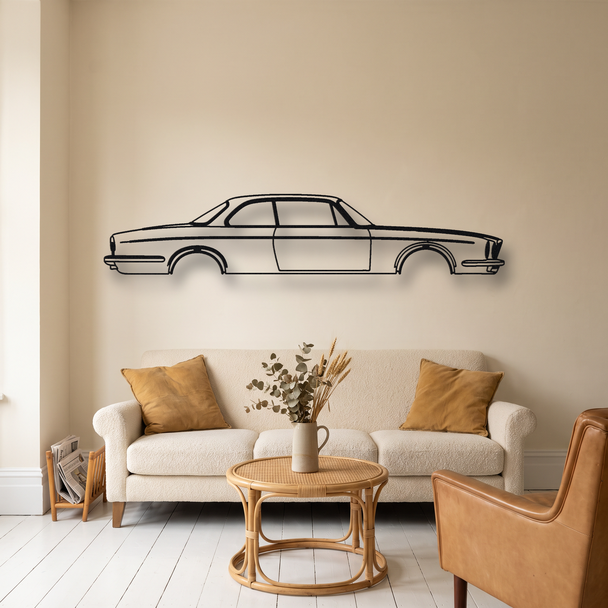 Jaguar XJ12 Coupe Series 2 metal wall art silhouette, front view on wall