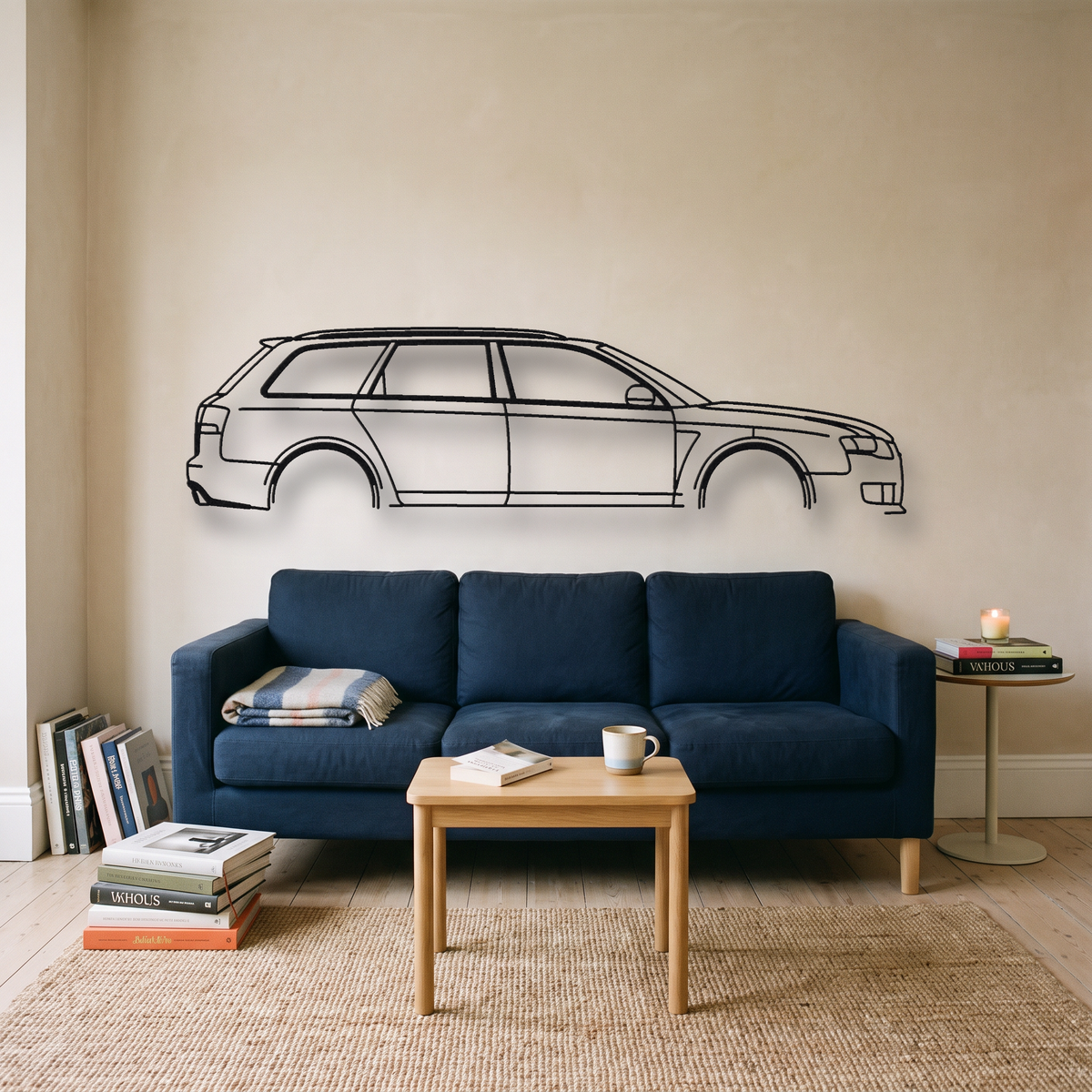 Audi RS4 Avant B7 metal wall art silhouette, front view on wall