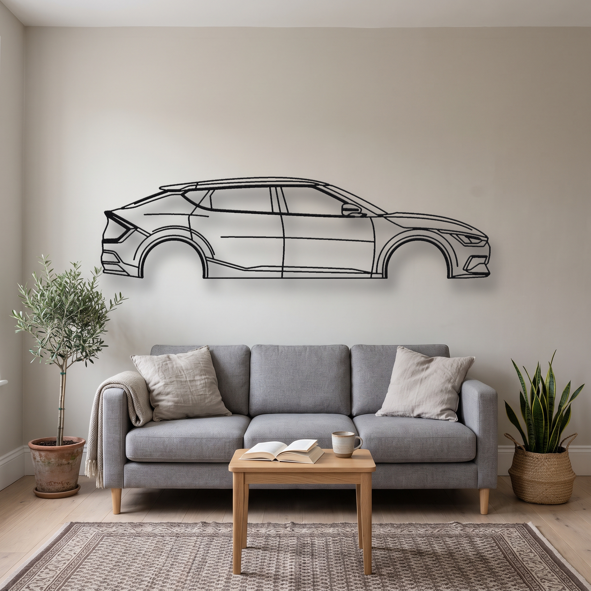 Kia EV6 GT metal wall art silhouette, front view on wall