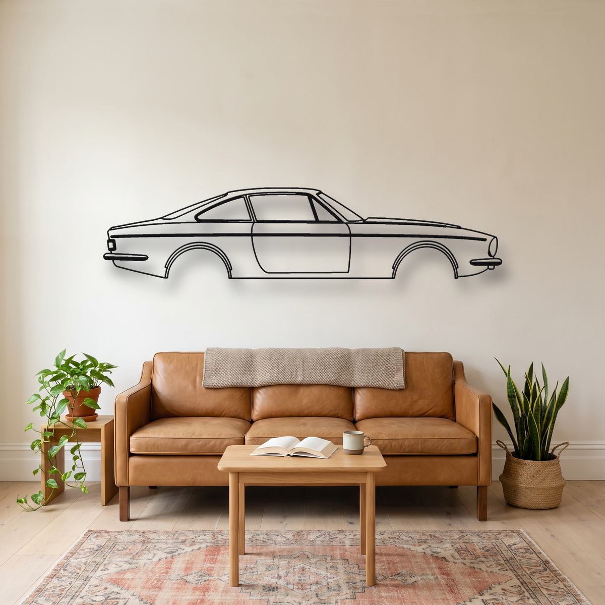 Ferrari 365 GTC/4 metal wall art silhouette, front view on wall