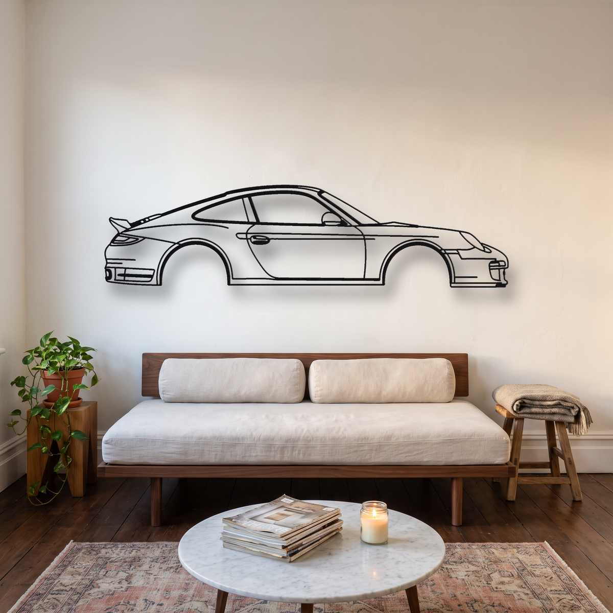 Porsche 911 Sport Classic 997.2 metal wall art silhouette, front view on wall