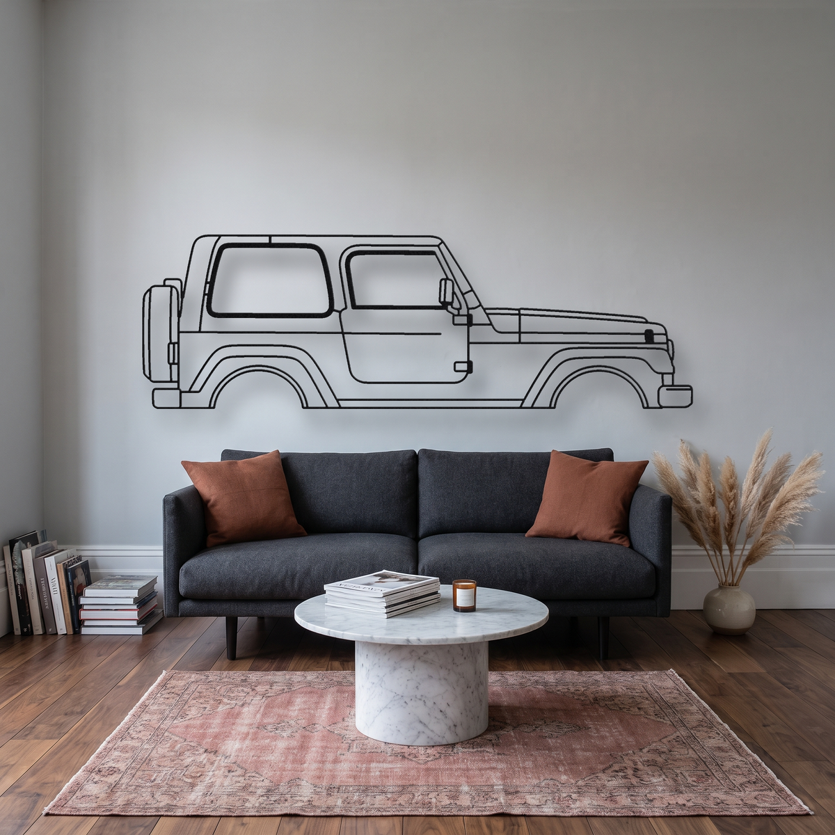 Jeep Wrangler TJ metal wall art silhouette, front view on wall