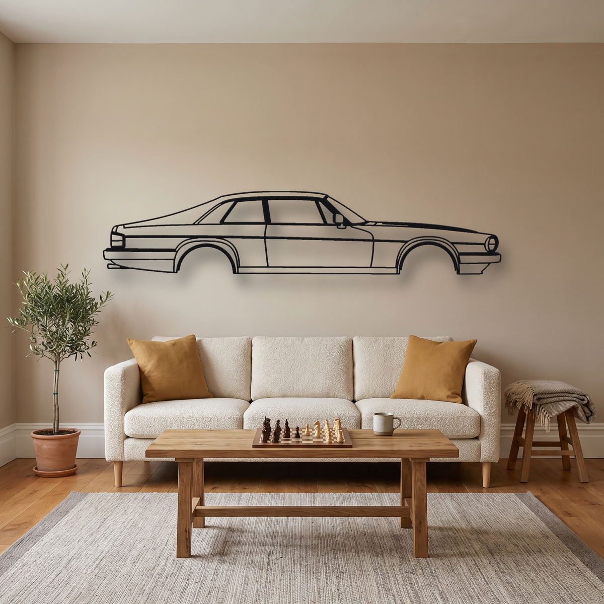 Jaguar XJR-S 6.0 metal wall art silhouette, front view on wall