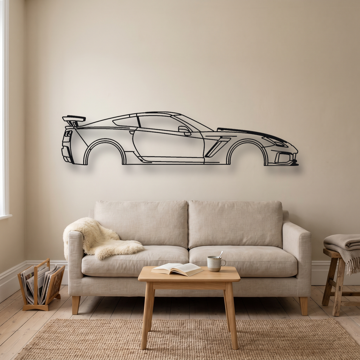 Chevrolet Corvette ZR1 C7 metal wall art silhouette, front view on wall