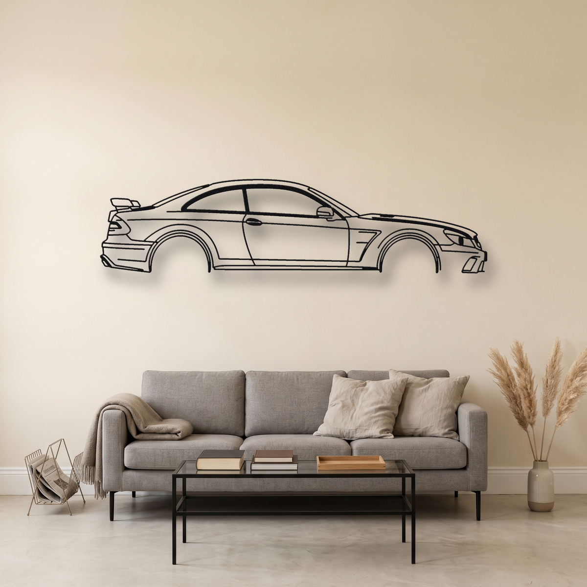 Mercedes-Benz CLK63 AMG Black Series metal wall art silhouette, front view on wall