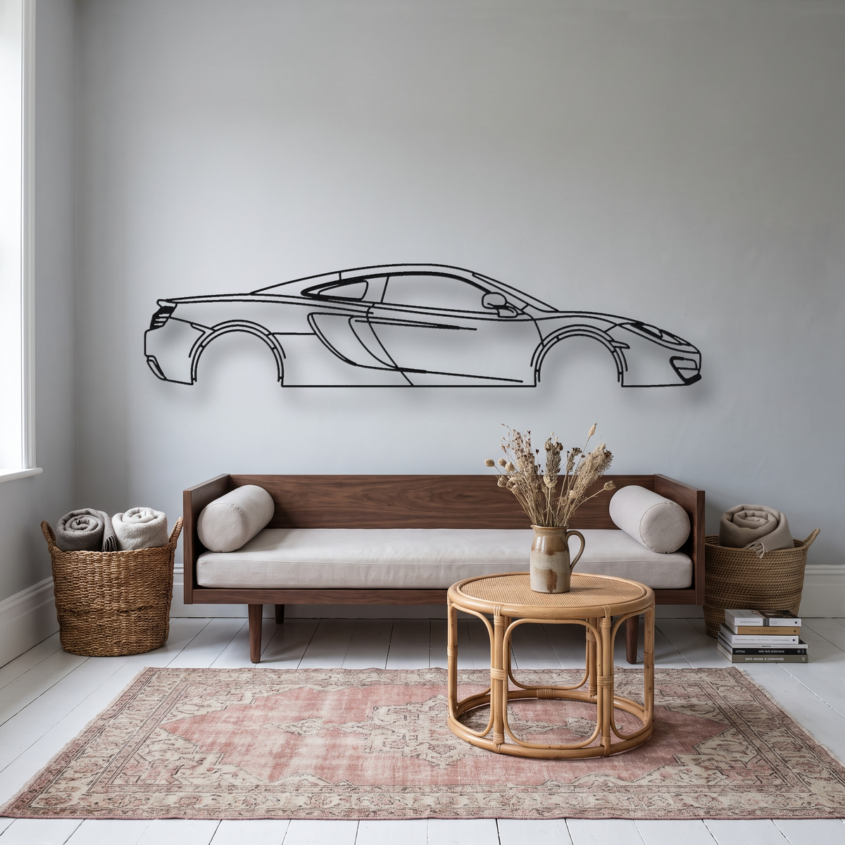 McLaren MP4-12C metal wall art silhouette, front view on wall
