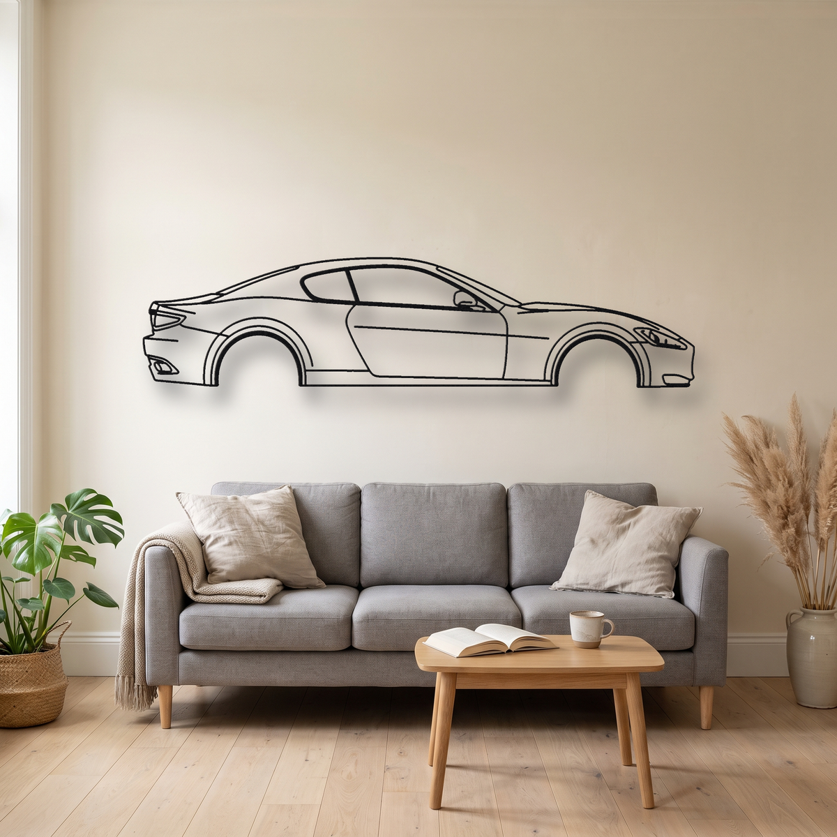 Maserati GranTurismo Gen 1 metal wall art silhouette, front view on wall