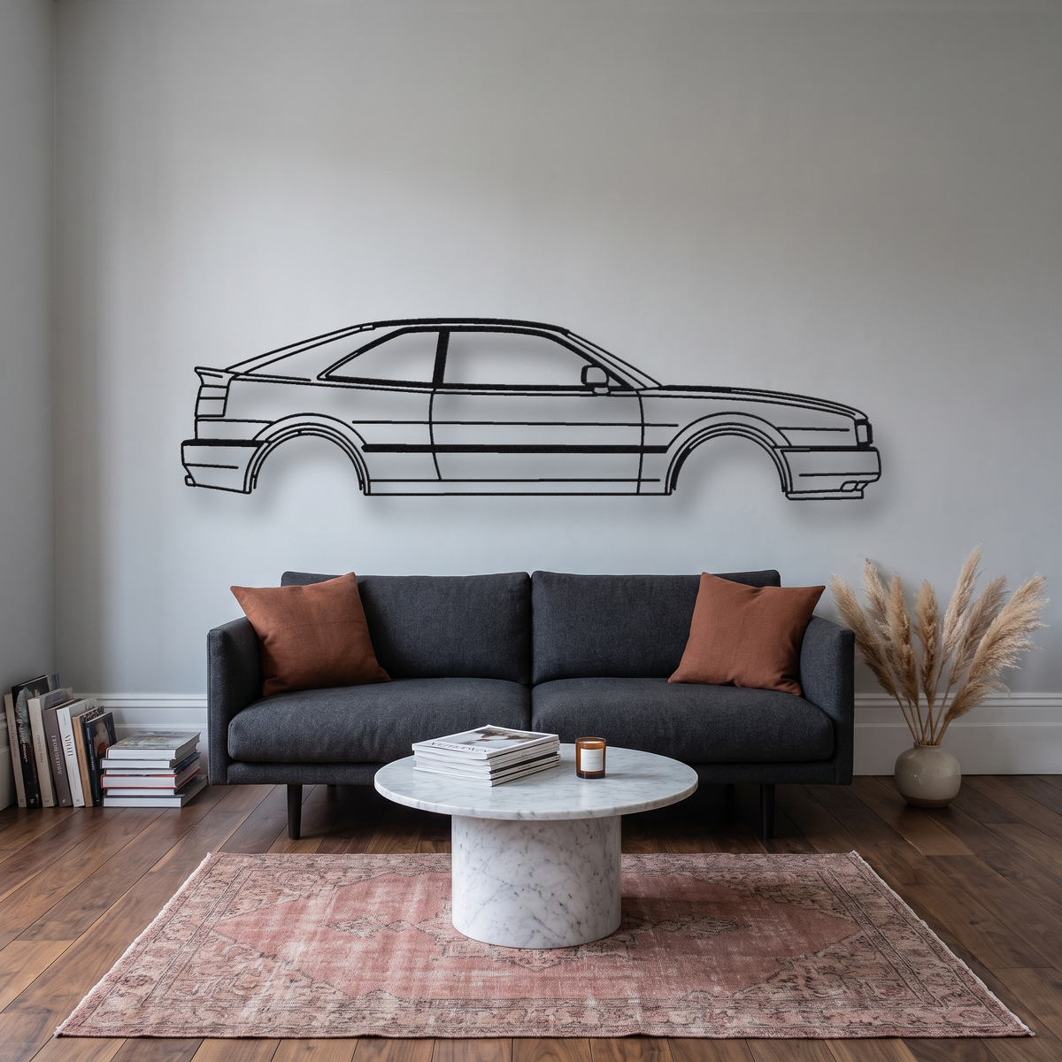 Volkswagen Corrado VR6 metal wall art silhouette, front view on wall