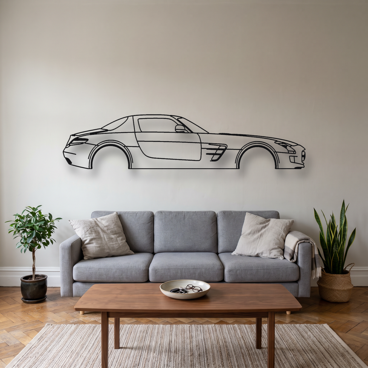 Mercedes-Benz SLS AMG metal wall art silhouette, front view on wall