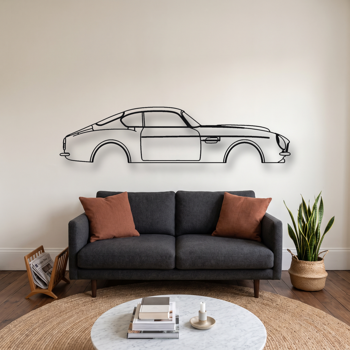 Aston Martin DB4 GT Zagato metal wall art silhouette, front view on wall