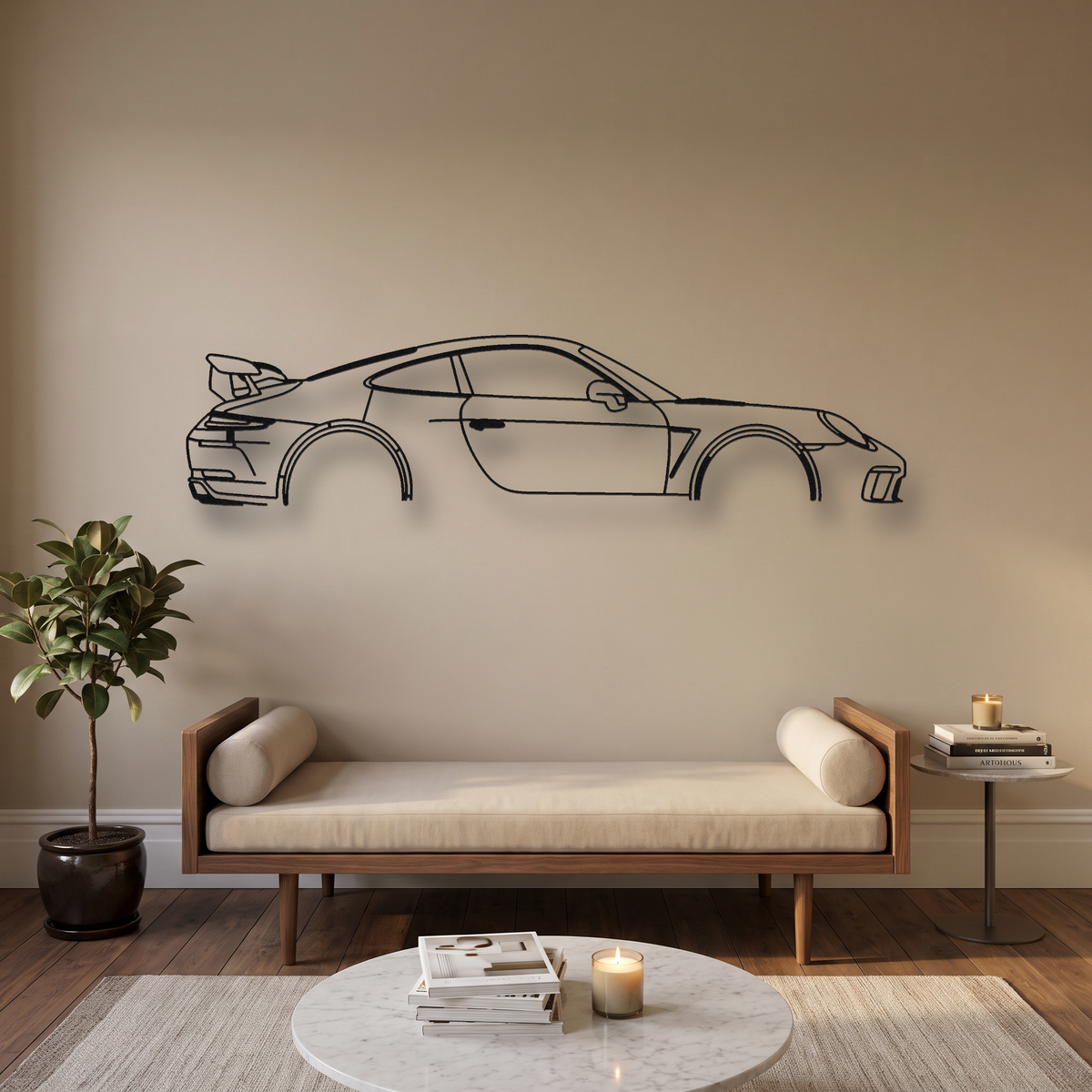 Porsche 911 GT3 991.2 metal wall art silhouette, front view on wall