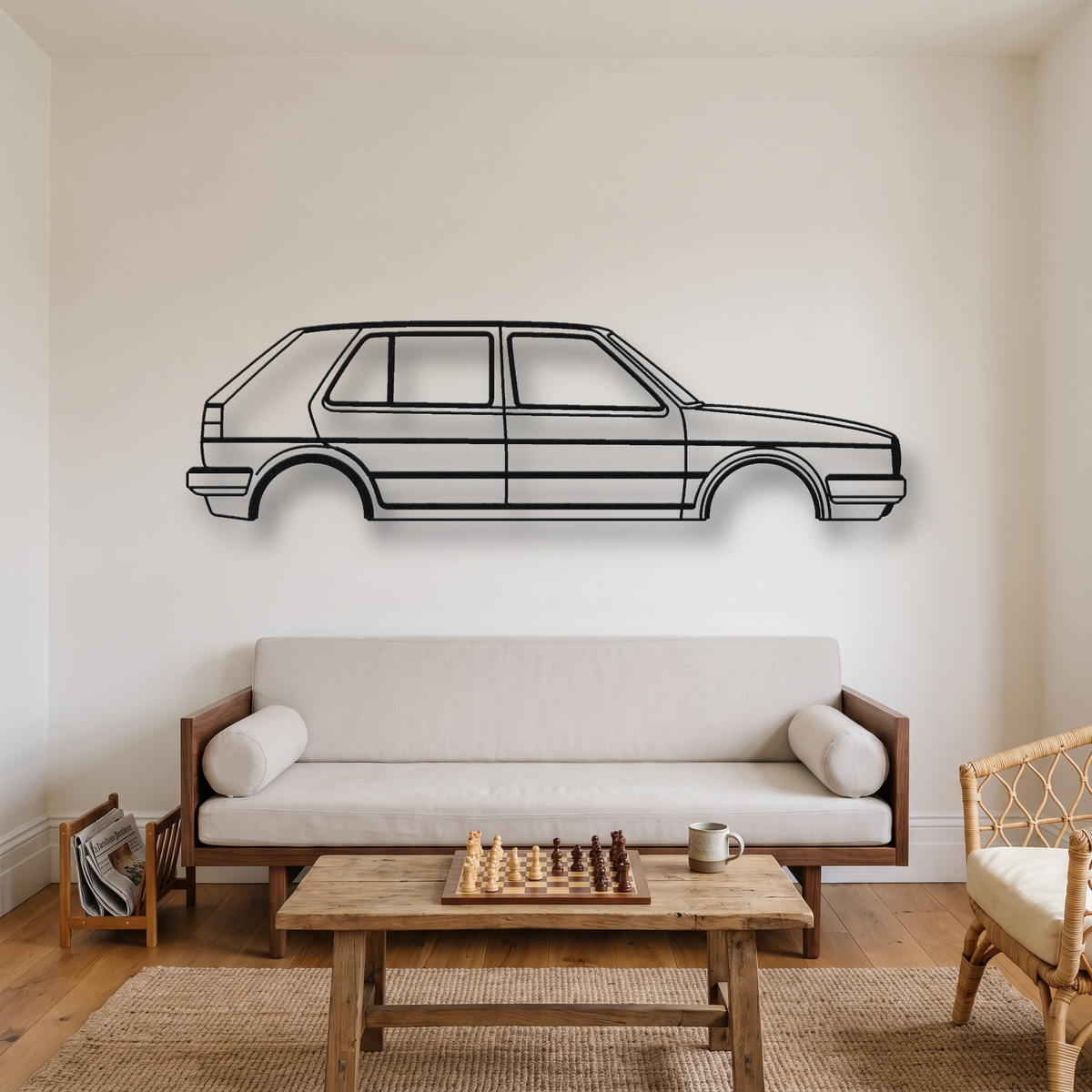Volkswagen Golf GTI MK2 metal wall art silhouette, front view on wall