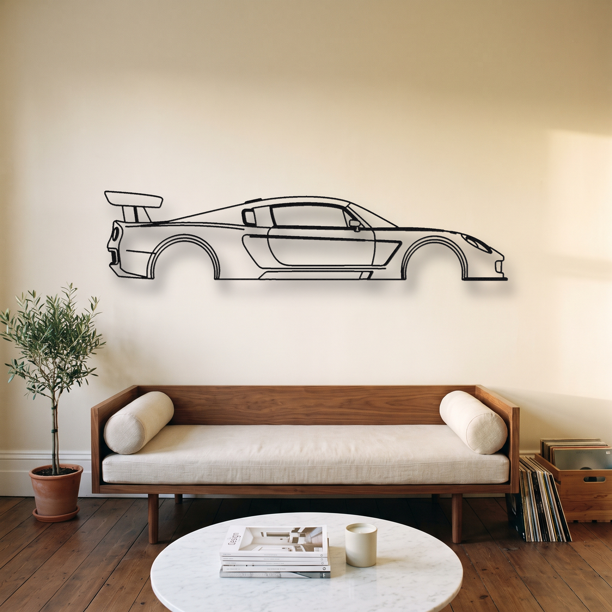 Lotus Elise GT1 metal wall art silhouette, front view on wall