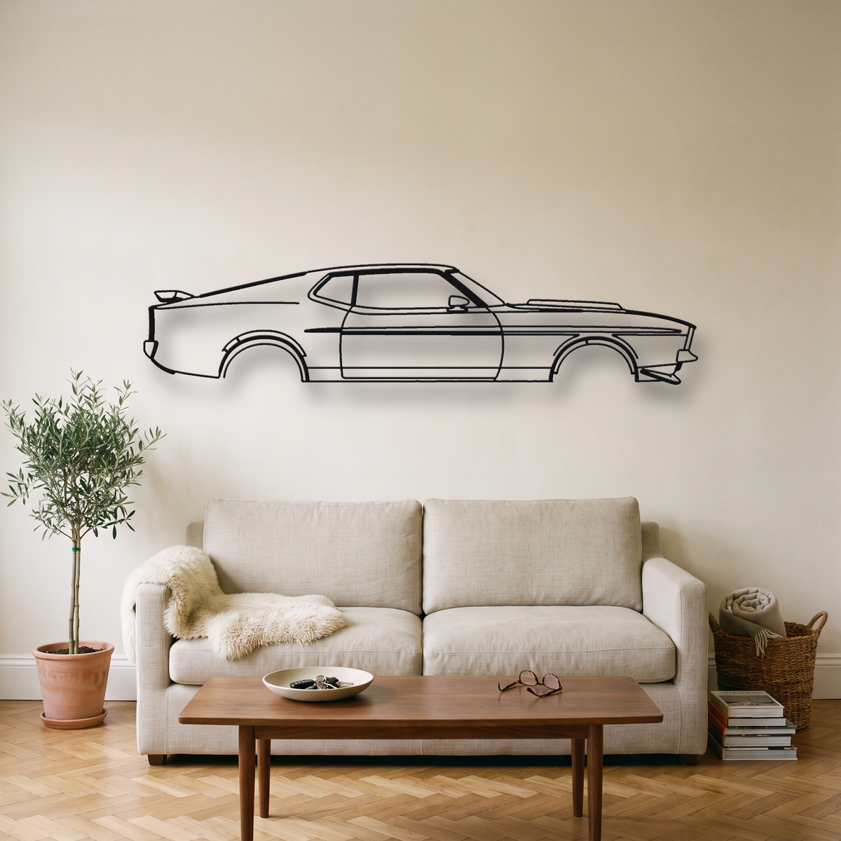 1971-1973 Ford Mustang Mach 1 metal wall art silhouette, front view on wall