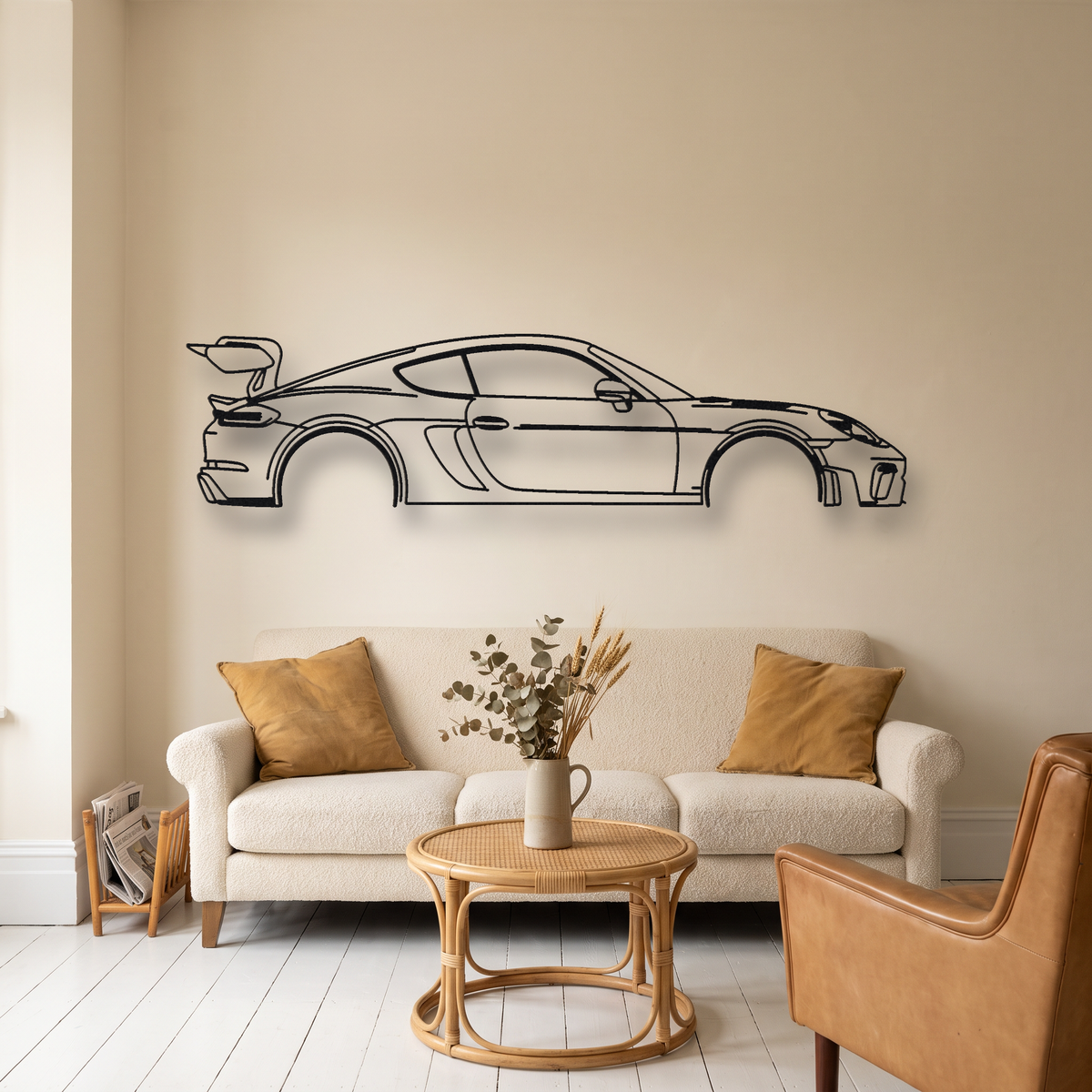 Porsche Cayman GT4 RS 982 metal wall art silhouette, front view on wall