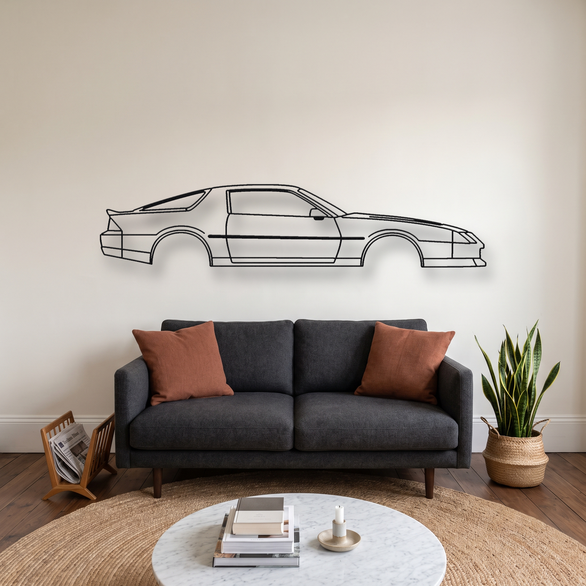 Chevrolet Camaro IROC-Z Gen 3 metal wall art silhouette, front view on wall
