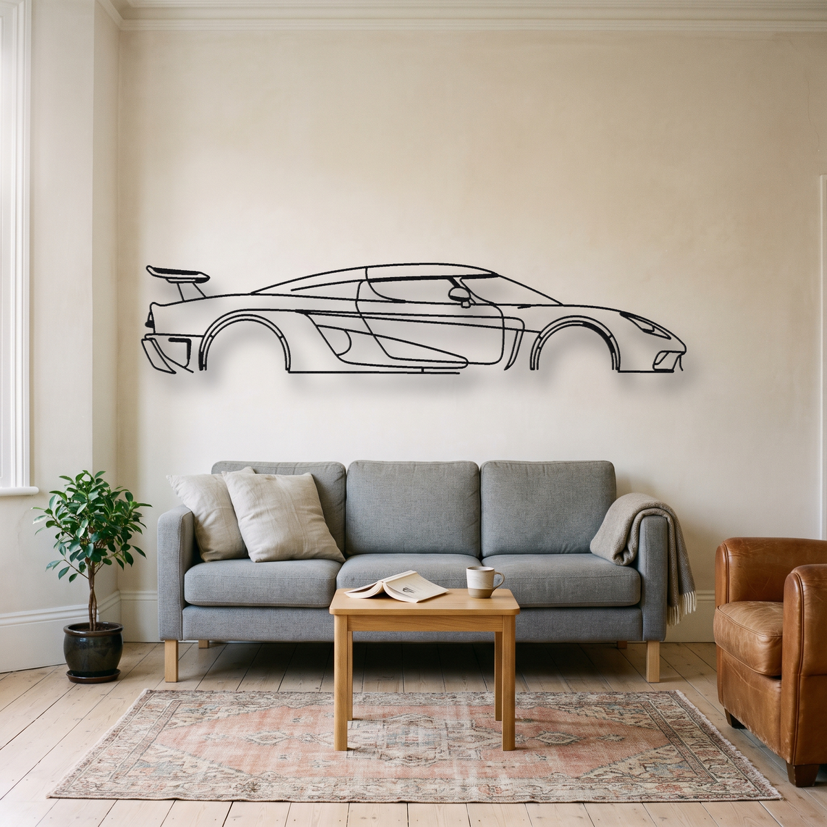 Koenigsegg Regera metal wall art silhouette, front view on wall