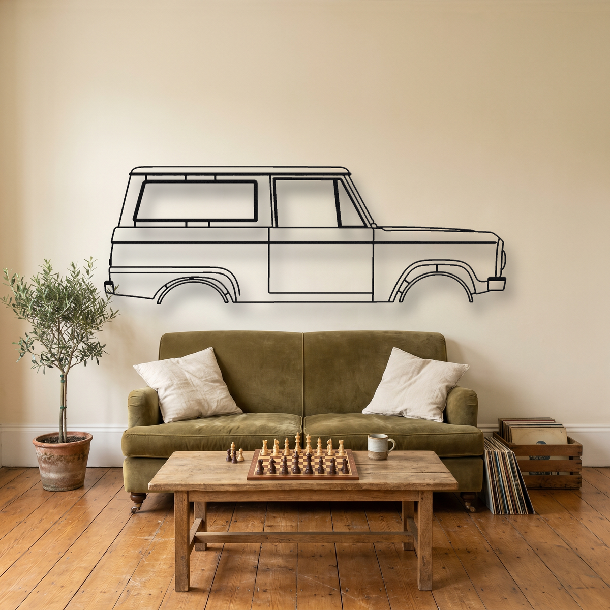 1966-1977 Ford Bronco metal wall art silhouette, front view on wall