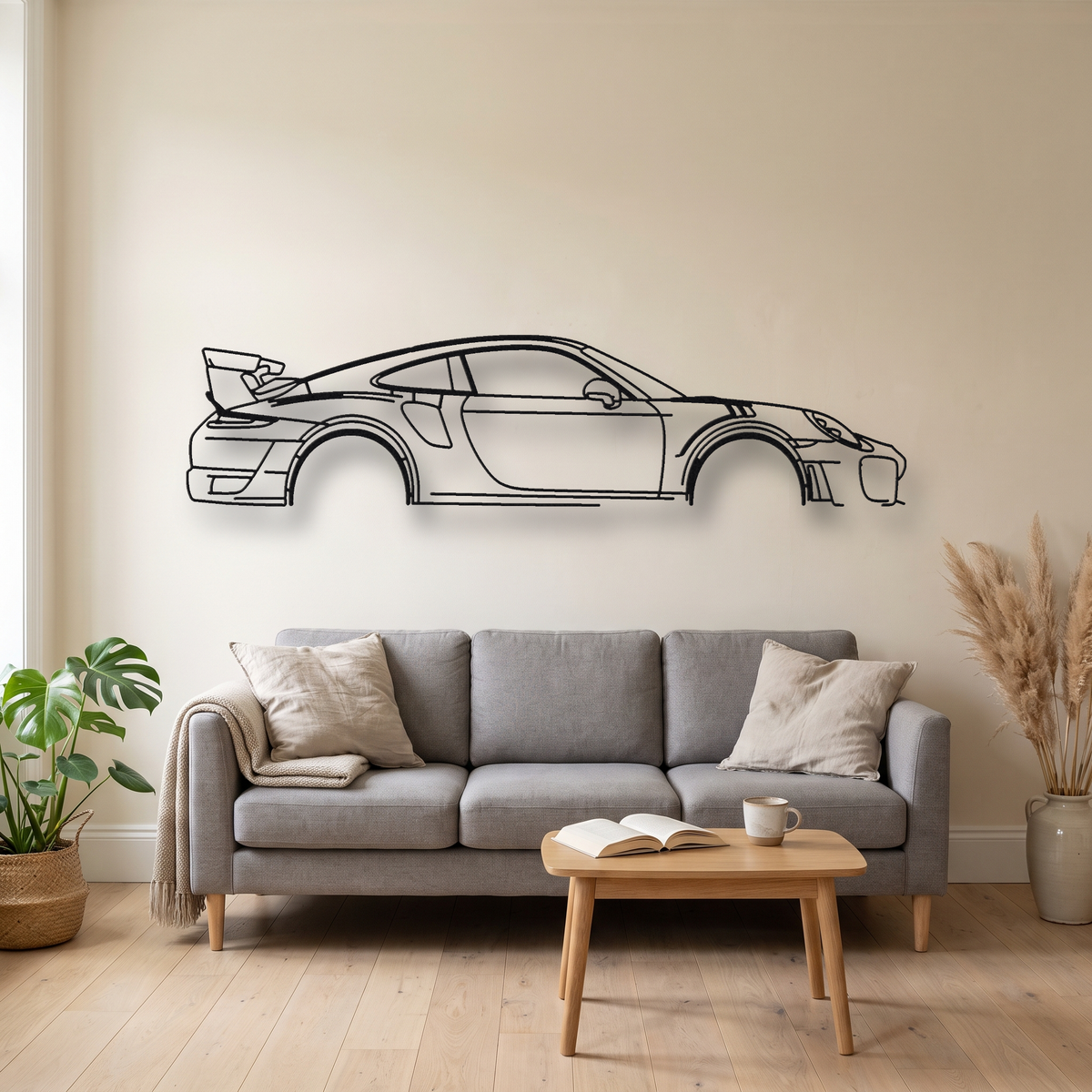 Porsche 911 GT2 RS 991 metal wall art silhouette, front view on wall
