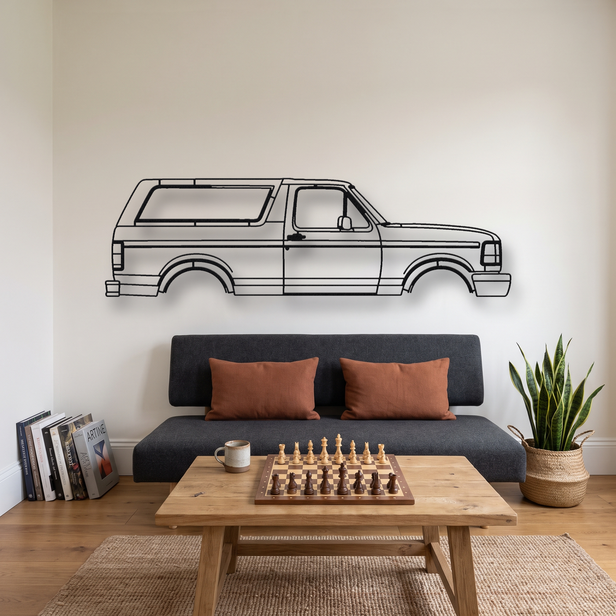 Ford Bronco Gen 5 metal wall art silhouette, front view on wall