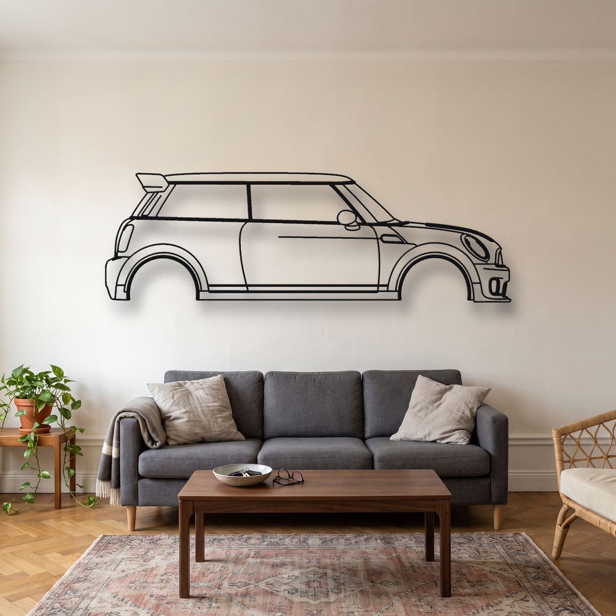 Mini John Cooper Works GP R56 metal wall art silhouette, front view on wall