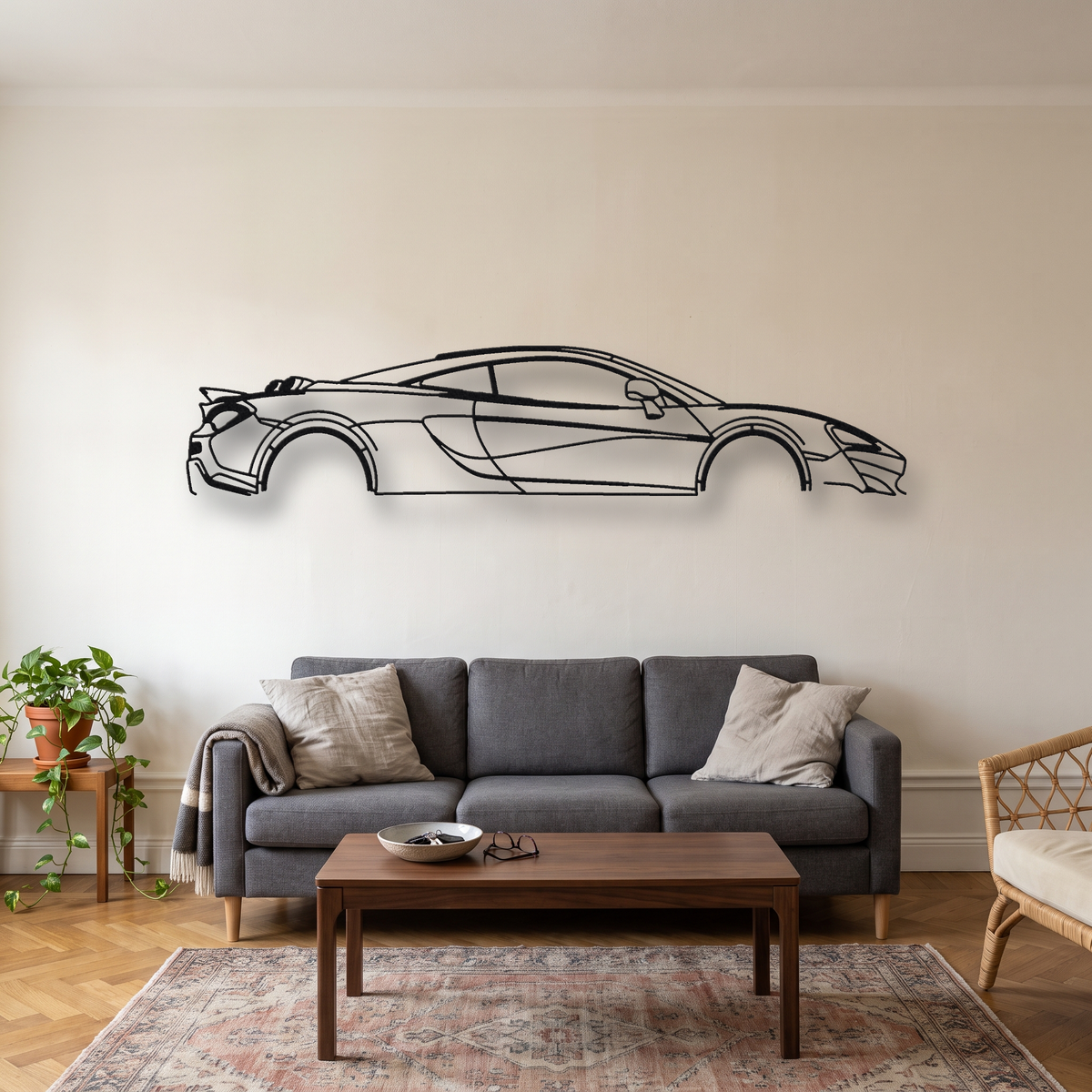 McLaren 600LT metal wall art silhouette, front view on wall