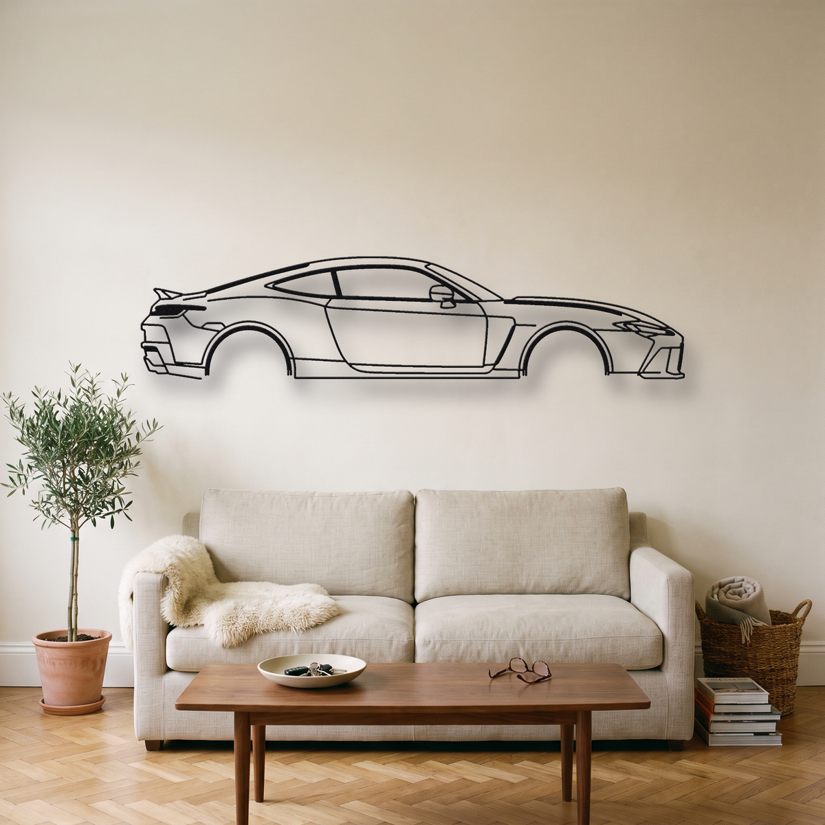 Toyota GR GT metal wall art silhouette, front view on wall