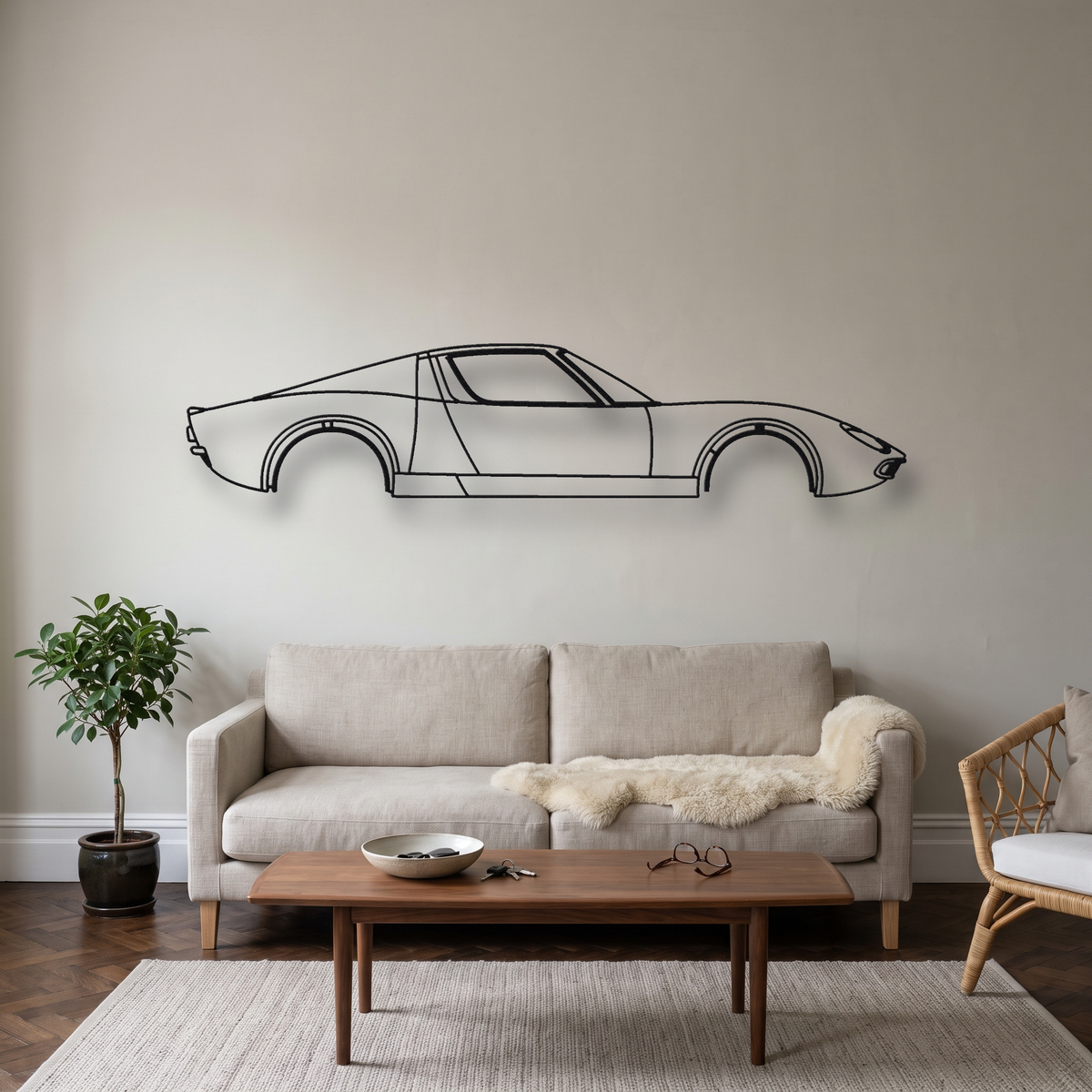 Lamborghini Miura P400/P400S metal wall art silhouette, front view on wall