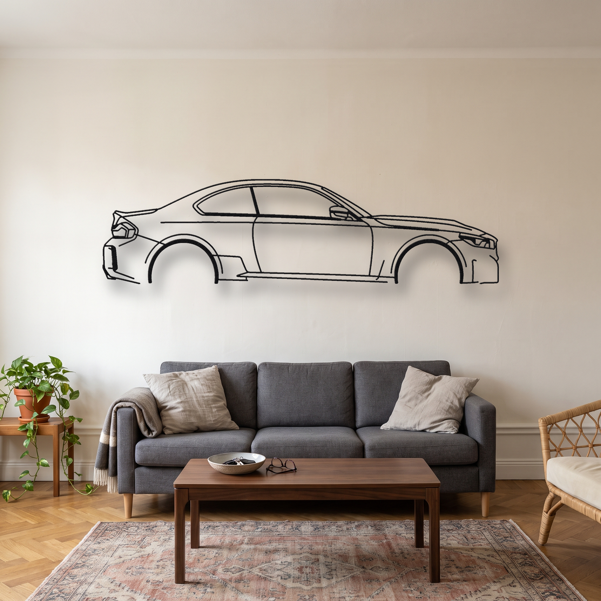 BMW M2 G87 metal wall art silhouette, front view on wall