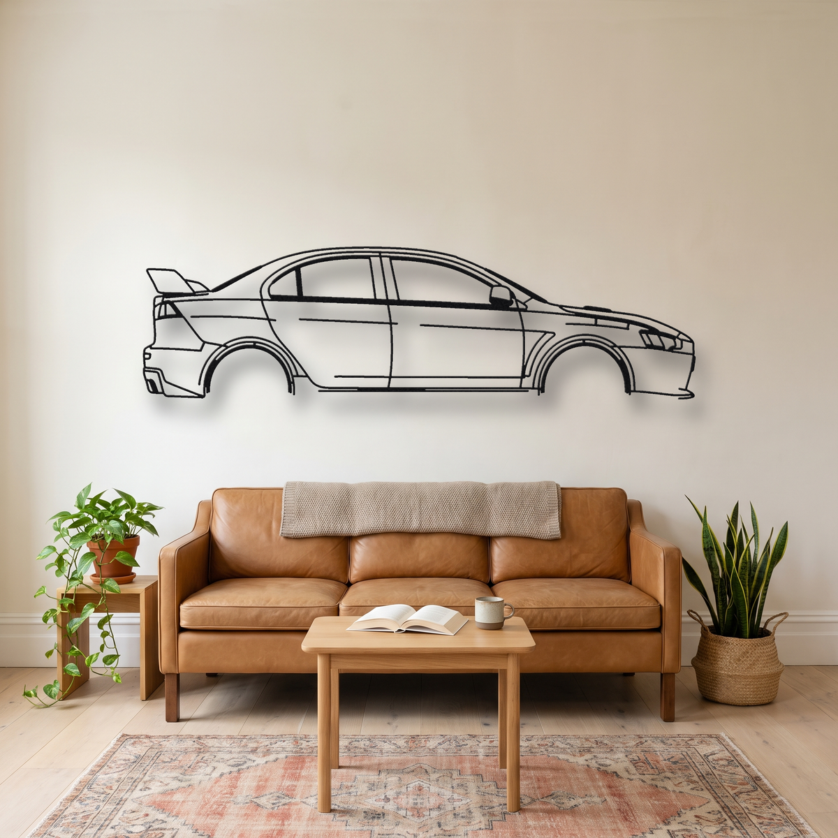 Mitsubishi Lancer Evolution X CZ4A metal wall art silhouette, front view on wall